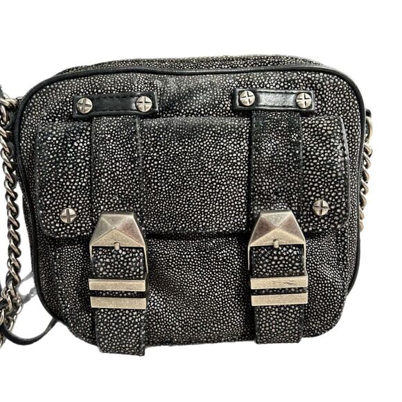 Rebecca Minkoff Black Leather Buckle Bag Crossbody Pebbled Silver - Picture 1 of 16
